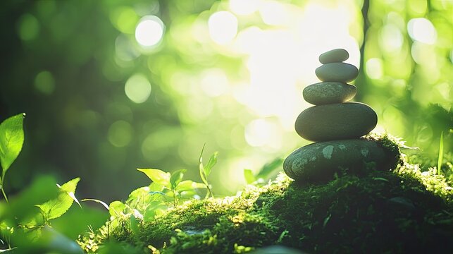 Stacked stones in a tranquil forest setting.
