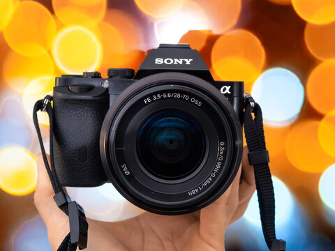 Zapopan Jalisco, Mexico - May 24, 2025: Sony a7 full frame mirrorless camera with zoom lens