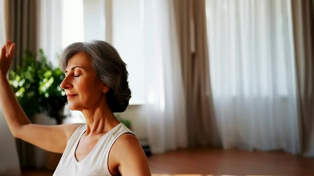  Senior Woman Doing Yoga - Peaceful Home. An active senior woman practices yoga in a bright, peaceful living room, promoting healthy aging and wellness. Ideal for illustrating yoga, home fitness