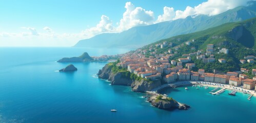 Fototapeta premium A breathtaking coastal view showcasing a picturesque town by the sea, surrounded by lush mountains and clear blue waters, perfect for travel, tourism, or real estate projects.
