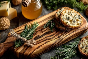 Freshly Baked Herb Bread Slices on a Wooden Board with Honey and Cheese Perfect for Culinary P