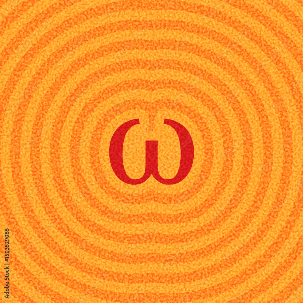 Poster vector illustration of a red omega icon centered in warm orange concentric ripple waves with a textu
