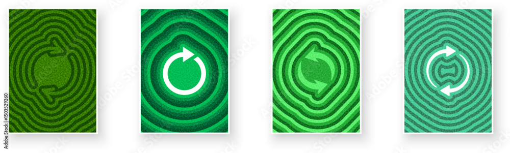 Poster set of green circular refresh symbols with radial line textures. vector illustration for interface o