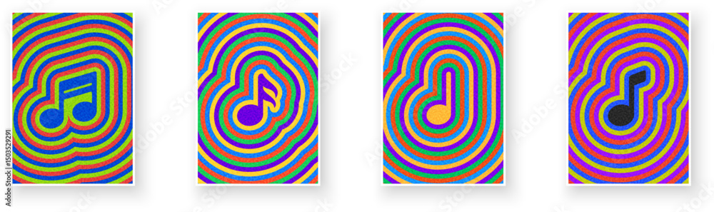 Poster set of vibrant music notes with multicolored ripple patterns. vector illustration.