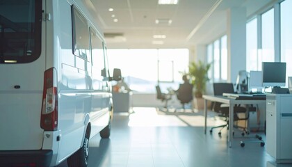 Modern office space with delivery van in bright environment