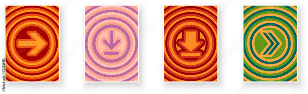Poster set of four arrow icons in bold concentric wave patterns and vibrant color schemes. vector illustrat