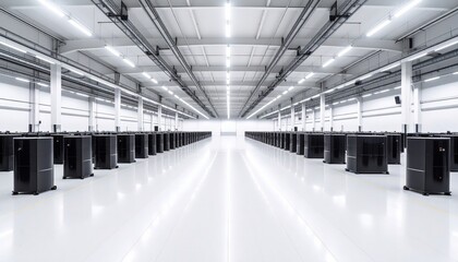 Modern data center with inline rows of computer servers under bright lighting