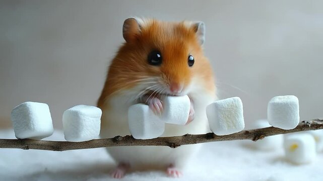 Hamster with Marshmallows: A charming hamster savors the moment, delicately clutching a marshmallow while perched on a slender branch, creating a scene of pure, sweet delight.