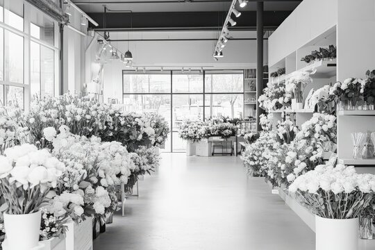 Floral shop interior with abundant flower arrangements in monochrome