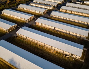 Aerial view of uniform residential structures with roofs and green surroundings
