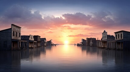 Obraz premium A serene sunset over a calm waterway with old wooden structures.