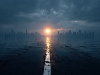 Surreal cityscape with a sun setting over a flooded road.