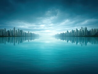 Fototapeta premium Tranquil city skyline reflected in calm, blue water under cloudy sky.