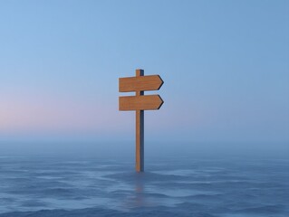 A signpost emerging from tranquil waters at dusk.