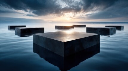Surreal blocks floating in serene water under a dramatic sky.