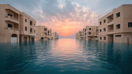 Submerged buildings at sunset reflecting on peaceful water.