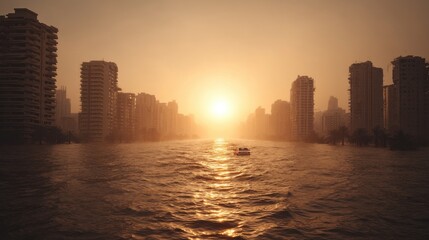 City skyline at sunset reflecting on the water's surface.