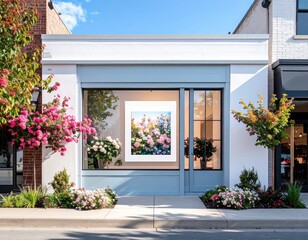 Charming storefront with vibrant floral display and art piece in bright daylight