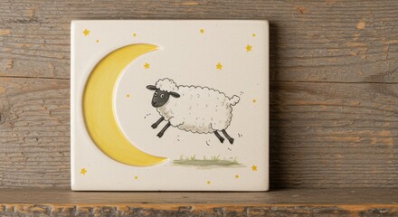 Cartoon sheep on ceramic tile with crescent moon sun and cloud Eid decor for Islamic festival nursery wall art..
