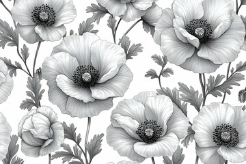 A repeating seamless pattern of grey poppies with detailed petals and leafy stems against a white background
