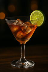 Elegant Cocktail with Lime Wedge and Ice Cubes
