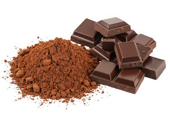 Cocoa powder and dark chocolate pieces isolated on transparent background