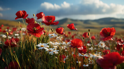 Obraz premium a vibrant spring meadow filled with red poppies and white daisies