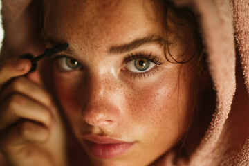 In a cozy space illuminated by soft light, a teenager with a port-wine stain confidently applies mascara, highlighting her striking features and showcasing her unique beauty.