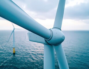 Close up view of a wind turbine in a marine environment with ocean background