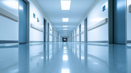 Empty hospital corridor with reflective floor and bright lighting