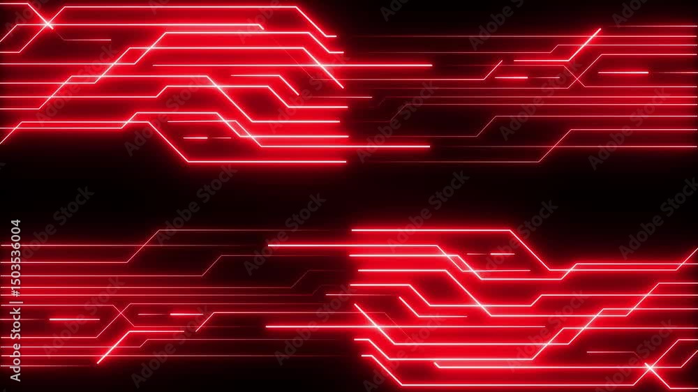Poster neon glowing futuristic circuit line animation on black background. abstract neon technology backgro
