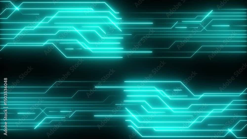 Poster neon glowing futuristic circuit line animation on black background. abstract neon technology backgro