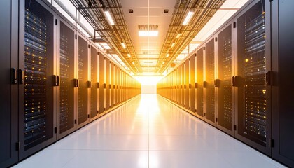 Modern data center interior with rows of server racks and glowing lights