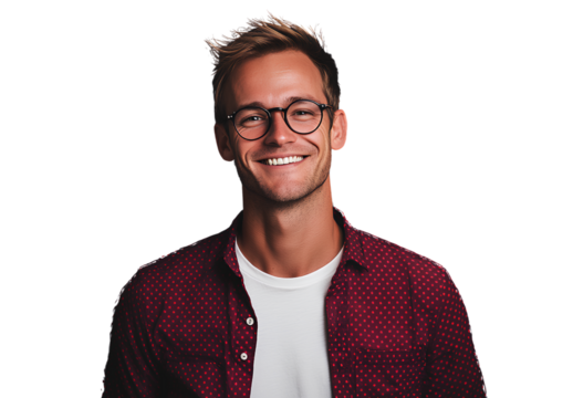 man in glasses and red polka dot shirt smiling standing on black background, transparent png with white border and margins1 - Powered by Adobe