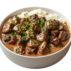 Aromatic beef stroganoff served over fluffy rice in white bowl, studio shot