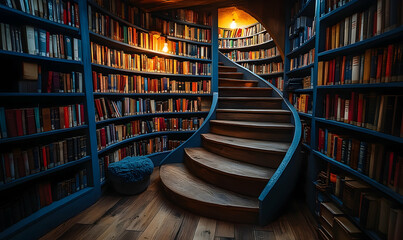Fototapeta premium A winding wooden staircase ascends through circular bookshelves bathed in warm light in a cozy, inviting space