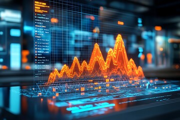 Abstract Data Visualization: Glowing Orange Waveform on Blue Cybernetic Grid.