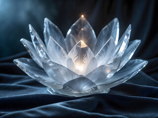 Crystal Lotus: An exquisitely crafted crystal lotus blossom, illuminated from within, radiating serenity and inner peace. Capturing the delicate beauty of the spiritual symbol and its ethereal glow.