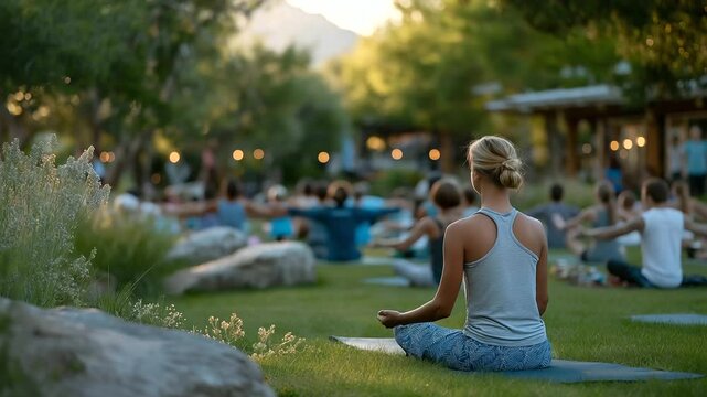 Morning yoga group enjoys coffee and conversation in sunlight