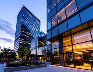 Modern urban architecture at dusk with glass facades and outdoor landscaping