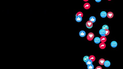 Seamless Loop Animation of Social Media Like Comment Share Icons Floating Up on Black Background for High Engagement Notification Overlays and Live Style Interface Design Elements in HD Motion - Powered by Adobe
