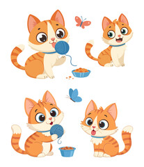 Two pairs of charming kittens with expressive faces and collars enjoying playtime