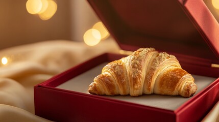 Oversized golden croissant in luxury jewelry box on satin background, surreal gift with soft spotlight