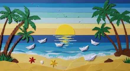 Obraz premium tropical beach scene with paper boats at sunset made with paper origamis