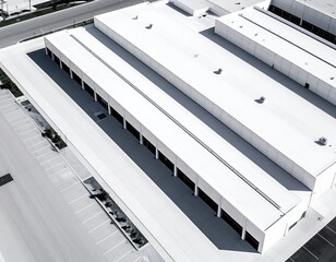 Aerial view of a large industrial building with white roof and concrete parking lot