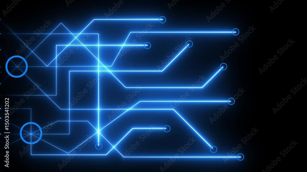 Poster neon glowing futuristic circuit line animation on black background.digital data moving on circuit bo