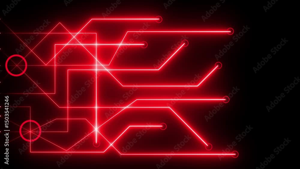 Poster neon glowing futuristic circuit line animation on black background.digital data moving on circuit bo