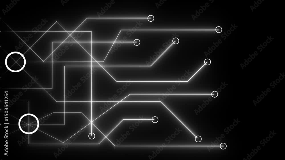 Poster neon glowing futuristic circuit line animation on black background.digital data moving on circuit bo