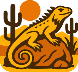 Flat Vector Desert Lizard Logo with Bold Colors, Cactus and Sun in Southwestern Landscape