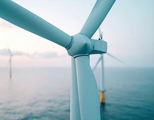 Close up view of offshore wind turbine blades against calm ocean background